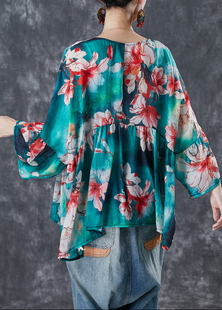 Modern Green Oversized Floral Print Cotton Tops Fall