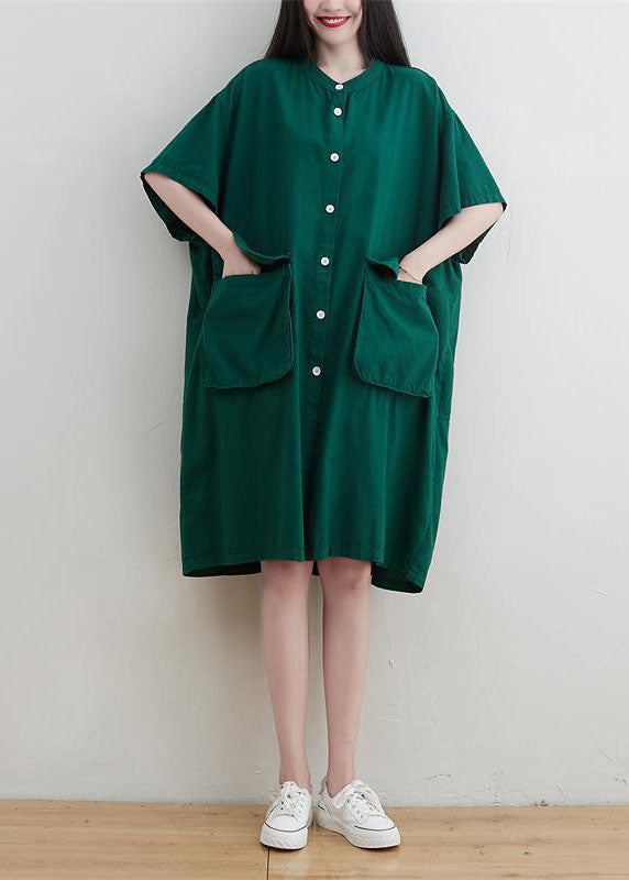 Modern Green Oversized Pockets Linen Maxi Dress Short Sleeve
