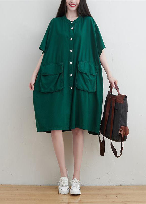 Modern Green Oversized Pockets Linen Maxi Dress Short Sleeve