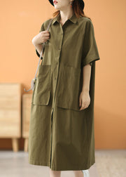 Moderner grüner Bubikragen, übergroße, große Taschen, Baumwolle, lockeres Hemdkleid mit kurzen Ärmeln