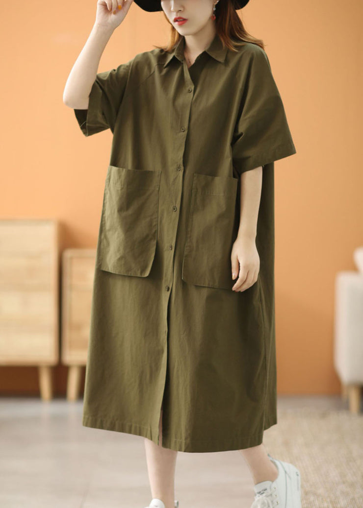 Moderner grüner Bubikragen, übergroße, große Taschen, Baumwolle, lockeres Hemdkleid mit kurzen Ärmeln