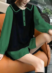 Modern Green Peter Pan Collar Patchwork Cotton Shirt Top Fall