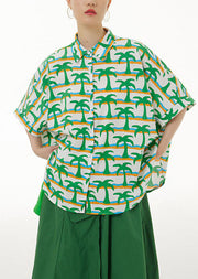 Modern Green Peter Pan Collar Print Cotton Shirts Top Summer