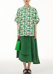 Modern Green Peter Pan Collar Print Cotton Shirts Top Summer