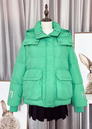 Modern Green Peter Pan Collar Zippered Button Remvable Hooded Duck Down Filled Down Coat Winter