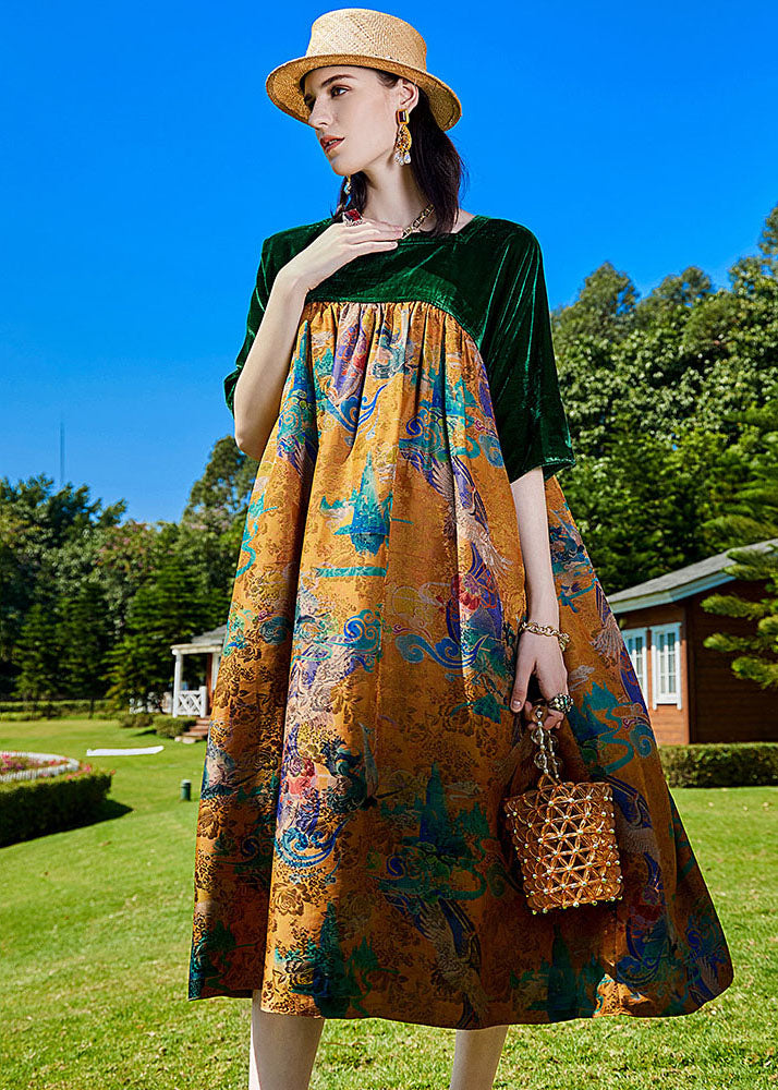 Modern Green Print Wrinkled Silk Velour Patchwork Long Dress Summer