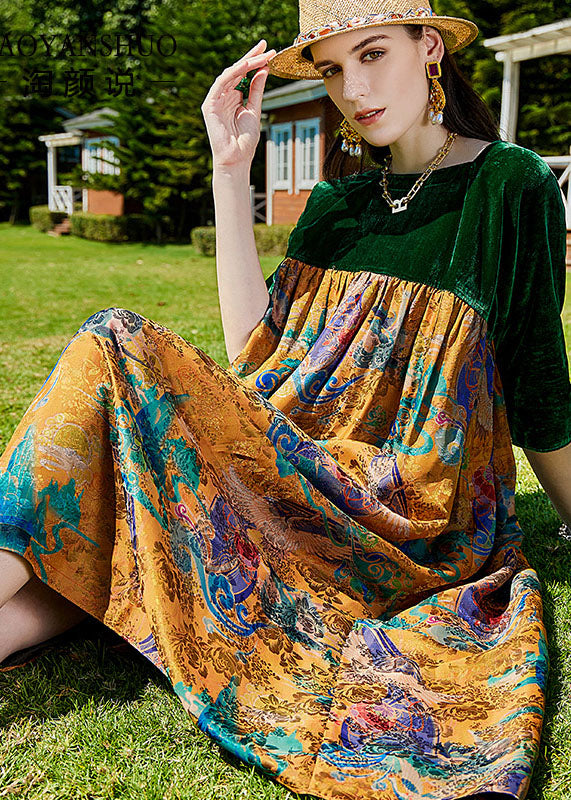 Modern Green Print Wrinkled Silk Velour Patchwork Long Dress Summer