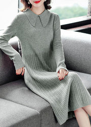 Modern Green Solid Color Peter Pan Collar Wrinkled Knit Sweater Dress Long Sleeve