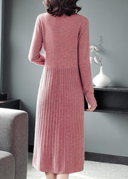 Modern Green Solid Color Peter Pan Collar Wrinkled Knit Sweater Dress Long Sleeve