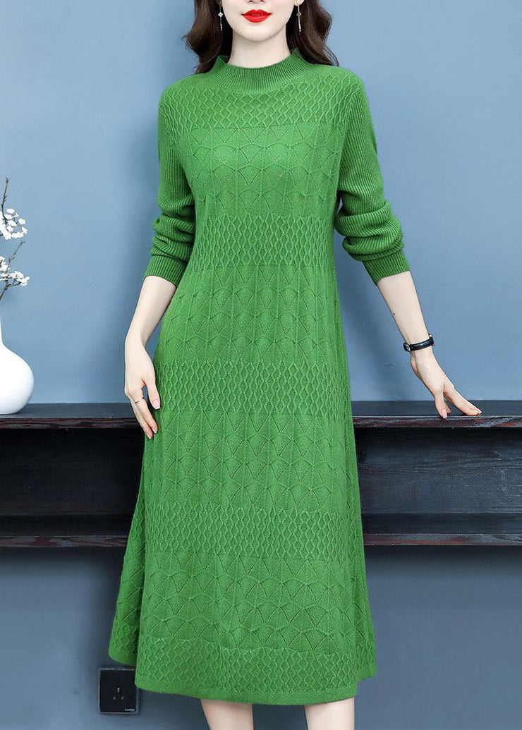 Modern Green Stand Collar Jacquard Solid Color Knitted Long Dress Long Sleeve