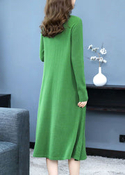 Modern Green Stand Collar Jacquard Solid Color Knitted Long Dress Long Sleeve