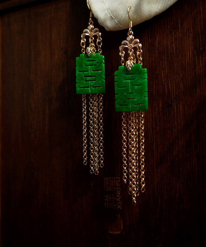 Modern Green Sterling Silver Jade Dry Green Gadeite Graphic Drop Tassel Earrings