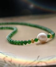 Modern Green Sterling Silver Overgild Jade Pearl Graduated Bead Necklace