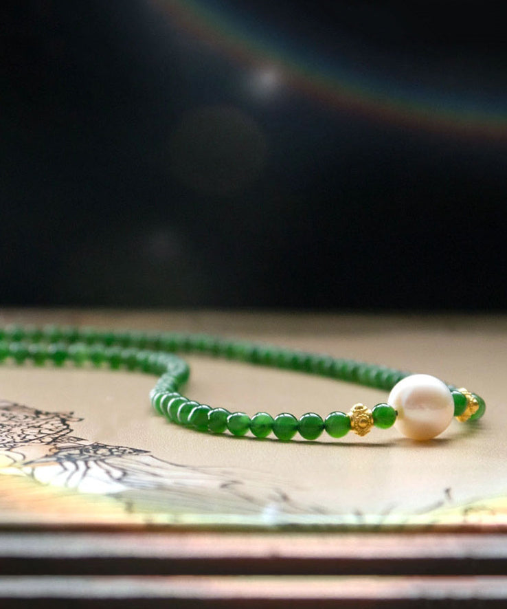 Modern Green Sterling Silver Overgild Jade Pearl Graduated Bead Necklace