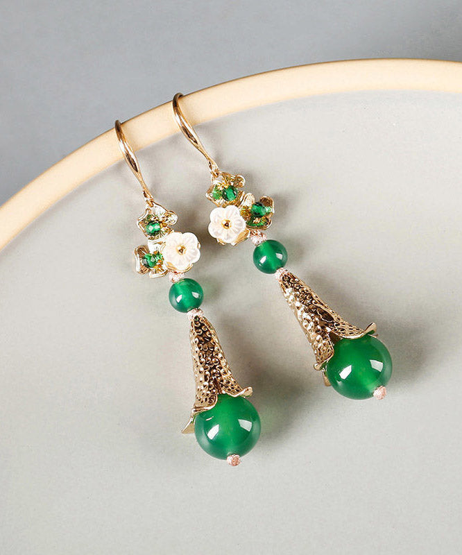 Modern Green Sterling Silver Pearl Shell Flower Agate Drip Drop Earrings