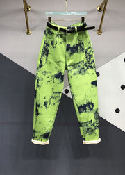 Modern Green Tie Dye Pockets Patchwork Denim Pants Fall