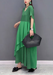 Modern Green V Neck Asymmetrical Patchwork Long Dress Short Sleeve