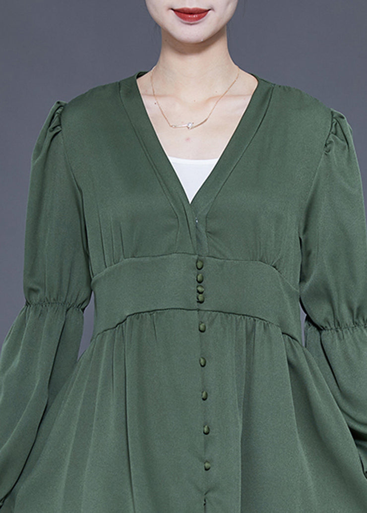 Modern Green V Neck Cinched Patchwork Button Silk Dress Spring