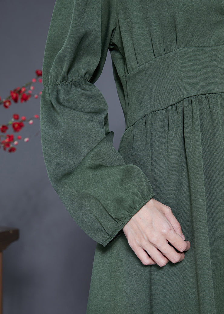 Modern Green V Neck Cinched Patchwork Button Silk Dress Spring