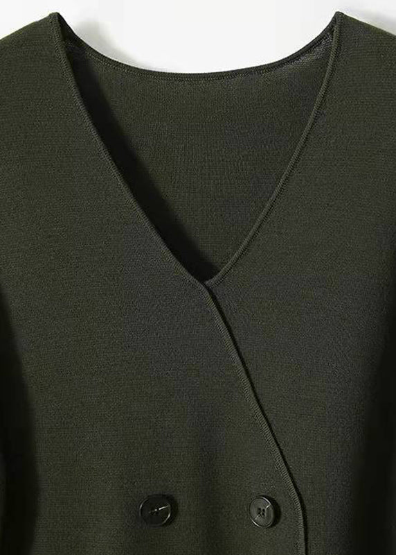 Modernes grünes V-Ausschnitt-Patchwork-Knopf-Strick-Mittelkleider mit langen Ärmeln