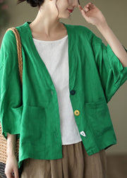 Modern Green V Neck Patchwork Button Linen Shirt Long Sleeve