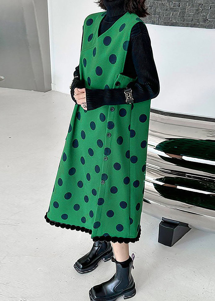 Modern Green V Neck Patchwork Dot Print Woolen Long Vest Sleeveless