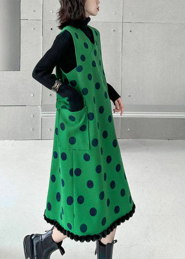 Modern Green V Neck Patchwork Dot Print Woolen Long Vest Sleeveless