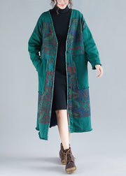 Modern Green V Neck Patchwork Warm Fleece Loose Cardigans Winter