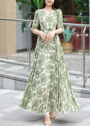 Modern Green V Neck Print Patchwork Tie Waist Chiffon Long Dress Summer