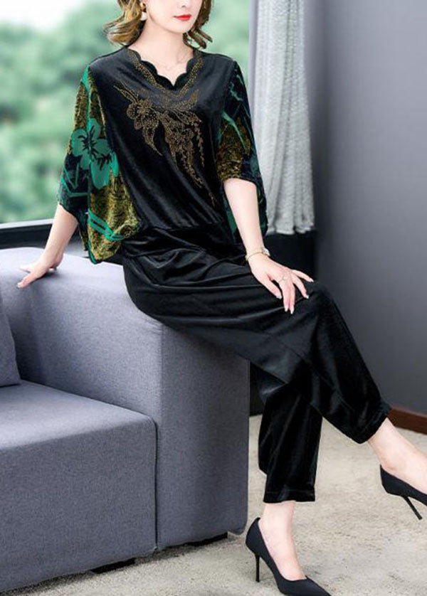 Modern Green V Neck Print Silk Velour Tops And Pants Two Pieces Set Batwing Sleeve