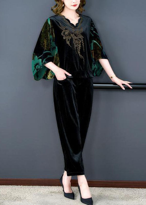Modern Green V Neck Print Silk Velour Tops And Pants Two Pieces Set Batwing Sleeve