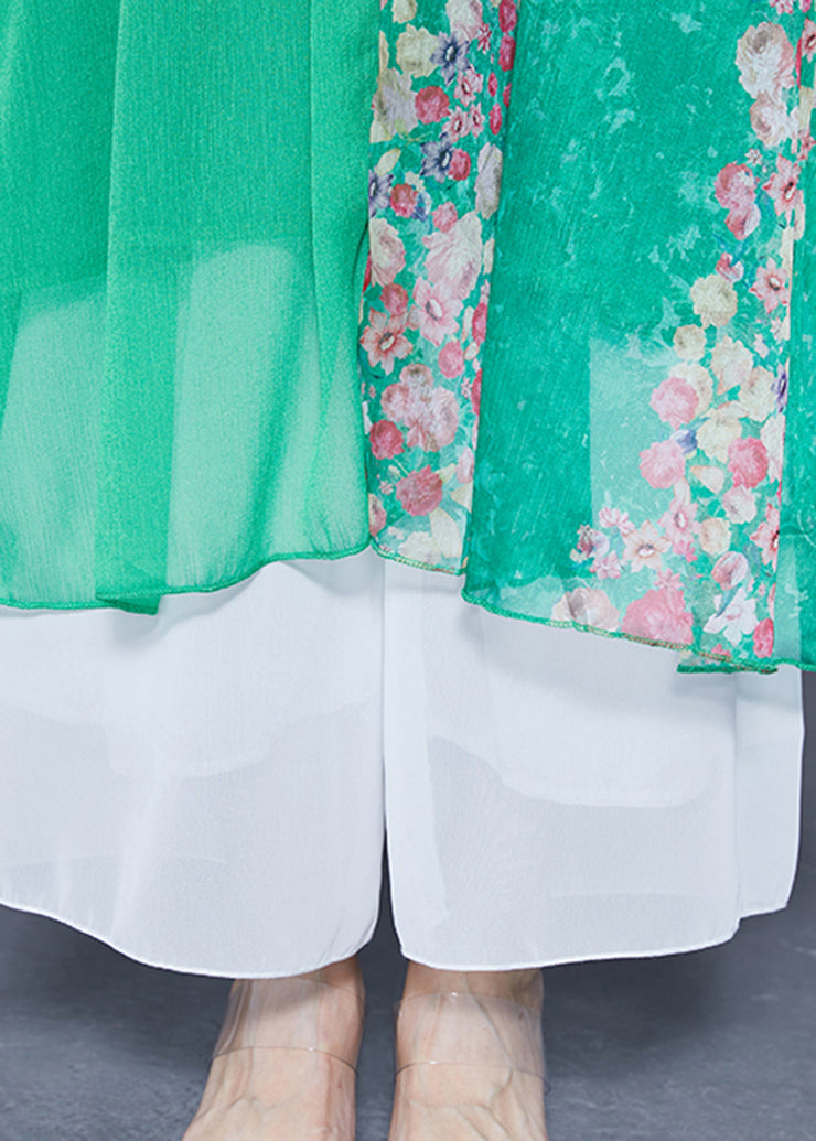 Modern Green V Neck Ruffled Patchwork Print Chiffon Dress Half Sleeve