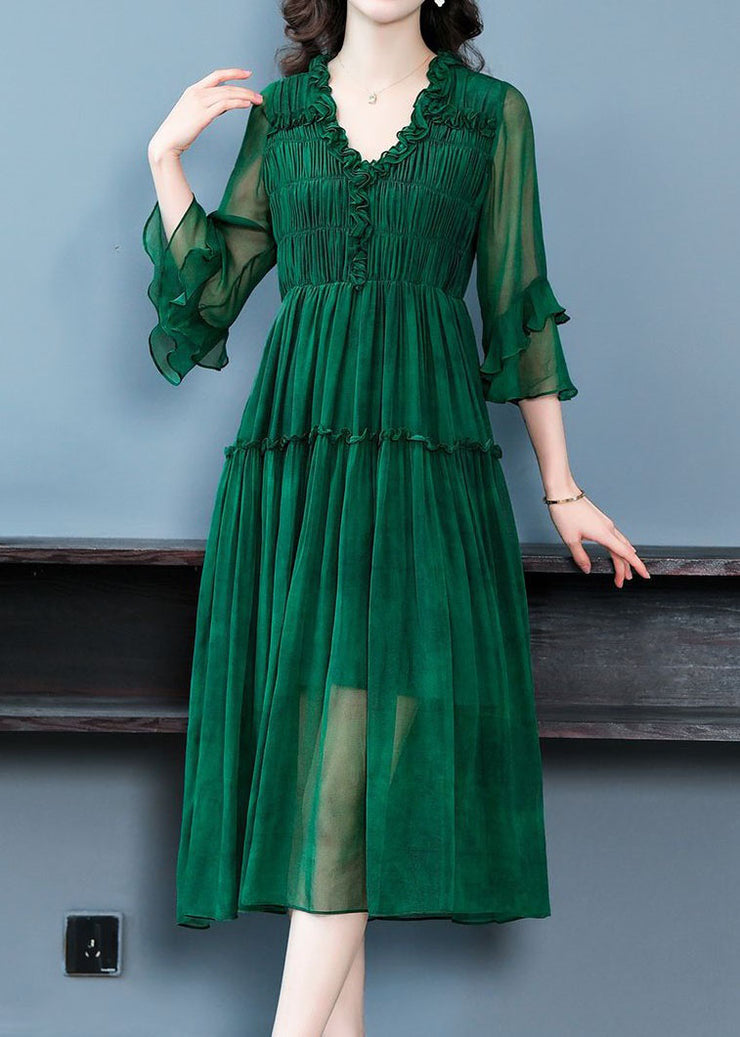 Modern Green V Neck Ruffled Patchwork Silk Dress Summer