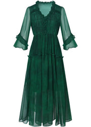 Modern Green V Neck Ruffled Patchwork Silk Dress Summer