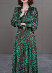 Modern Green V Neck Striped Print Sashes Satin Long Dress Long Sleeve