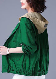 Modern Green Zippered Hooded Patchwork Spandex Jackets Long Sleeve