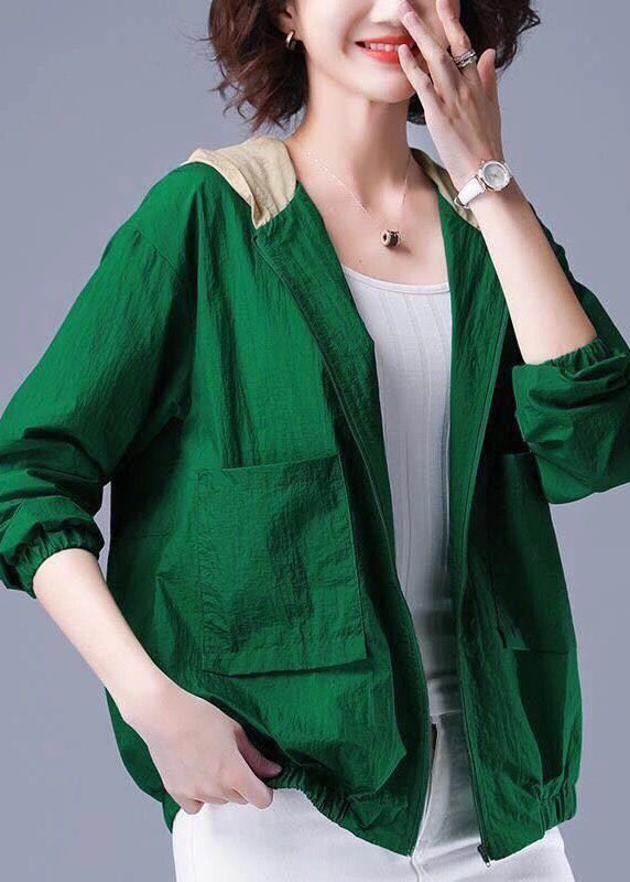 Modern Green Zippered Hooded Patchwork Spandex Jackets Long Sleeve