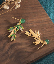Modern Green Zircon Cloisonne Chalcedony Bamboo Leaf Drop Earrings