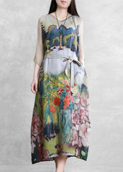 Modern Green art print clothes For Women v neck tie waist long summer Dresses - SooLinen