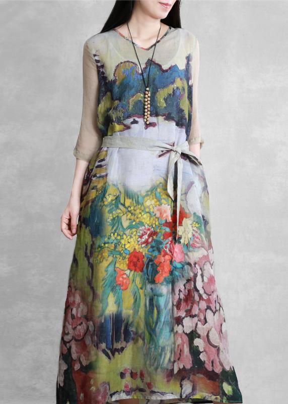 Modern Green art print clothes For Women v neck tie waist long summer Dresses - SooLinen