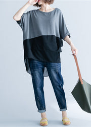 Modern Grey Asymmetrical Design Chiffon Patchwork Cotton T Shirts Short Sleeve
