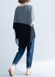 Modern Grey Asymmetrical Design Chiffon Patchwork Cotton T Shirts Short Sleeve