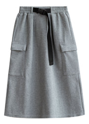 Modern Grey Elastic Waist Solid Pockets Cotton Skirt Fall