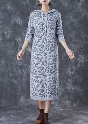 Modern Grey Hooded Leopard Print Knit Pullover Sweatshirt Dress Fall