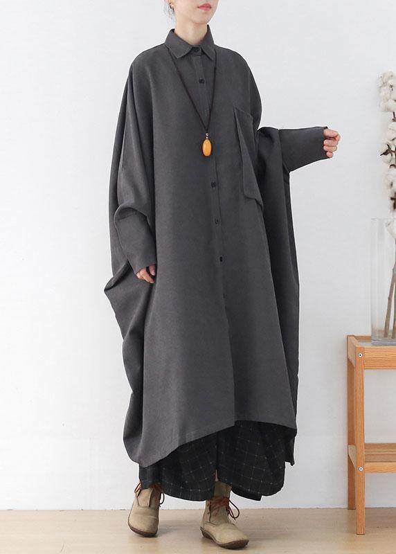 Modern Grey Loose Pockets Fall Asymmetrical Design Coat Long Sleeve - SooLinen