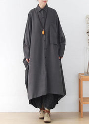 Modern Grey Loose Pockets Fall Asymmetrical Design Coat Long Sleeve - SooLinen