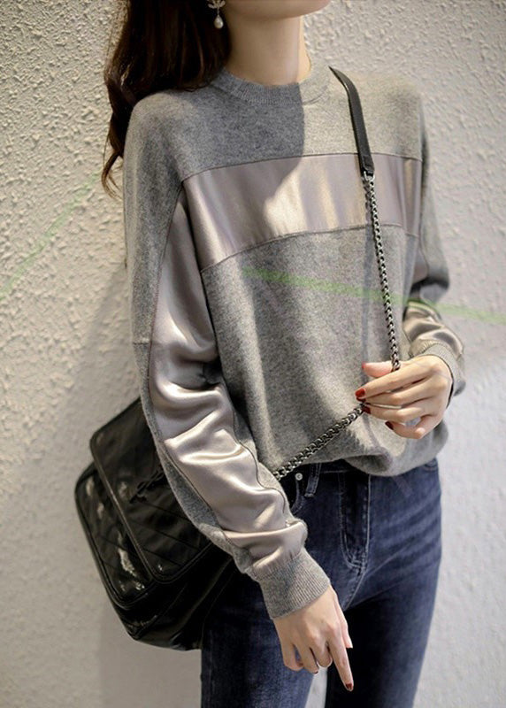 Modern Grey O-Neck Chiffo Patchwork Knit Pullover Long Sleeve