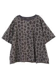 Modern Grey O-Neck Oversized Leopard Print Cotton Tank Tops Short Sleeve