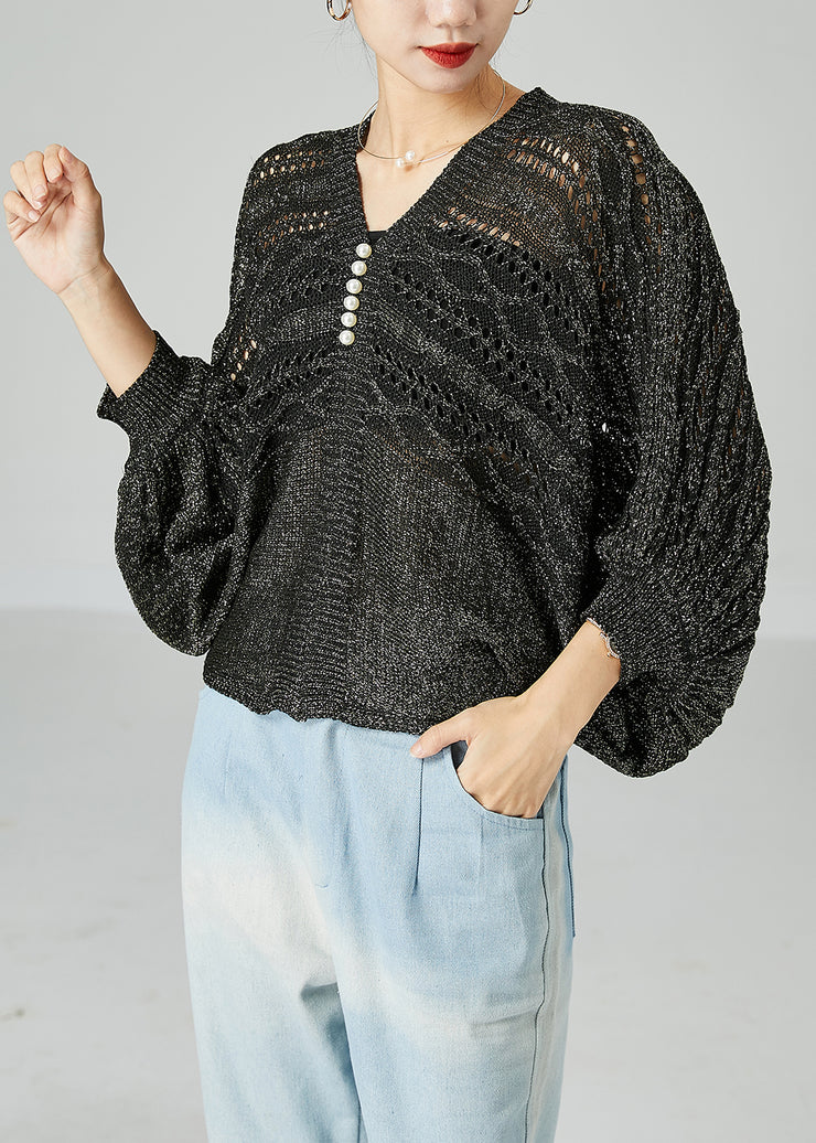 Modern Grey Oversized Hollow Out Knit Tops Batwing Sleeve
