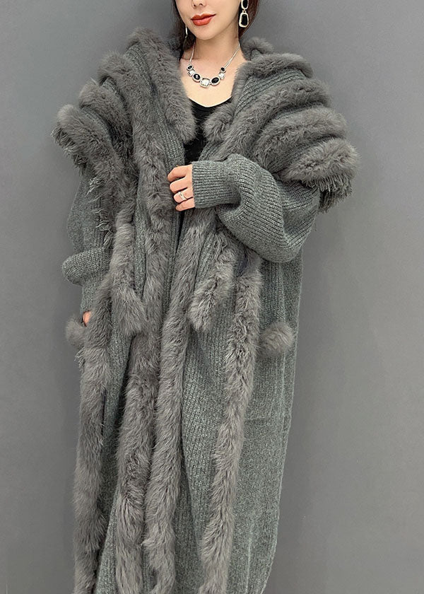 Modern Grey Oversized Patchwork Mink Hair Knitted Loose Cardigan Winter